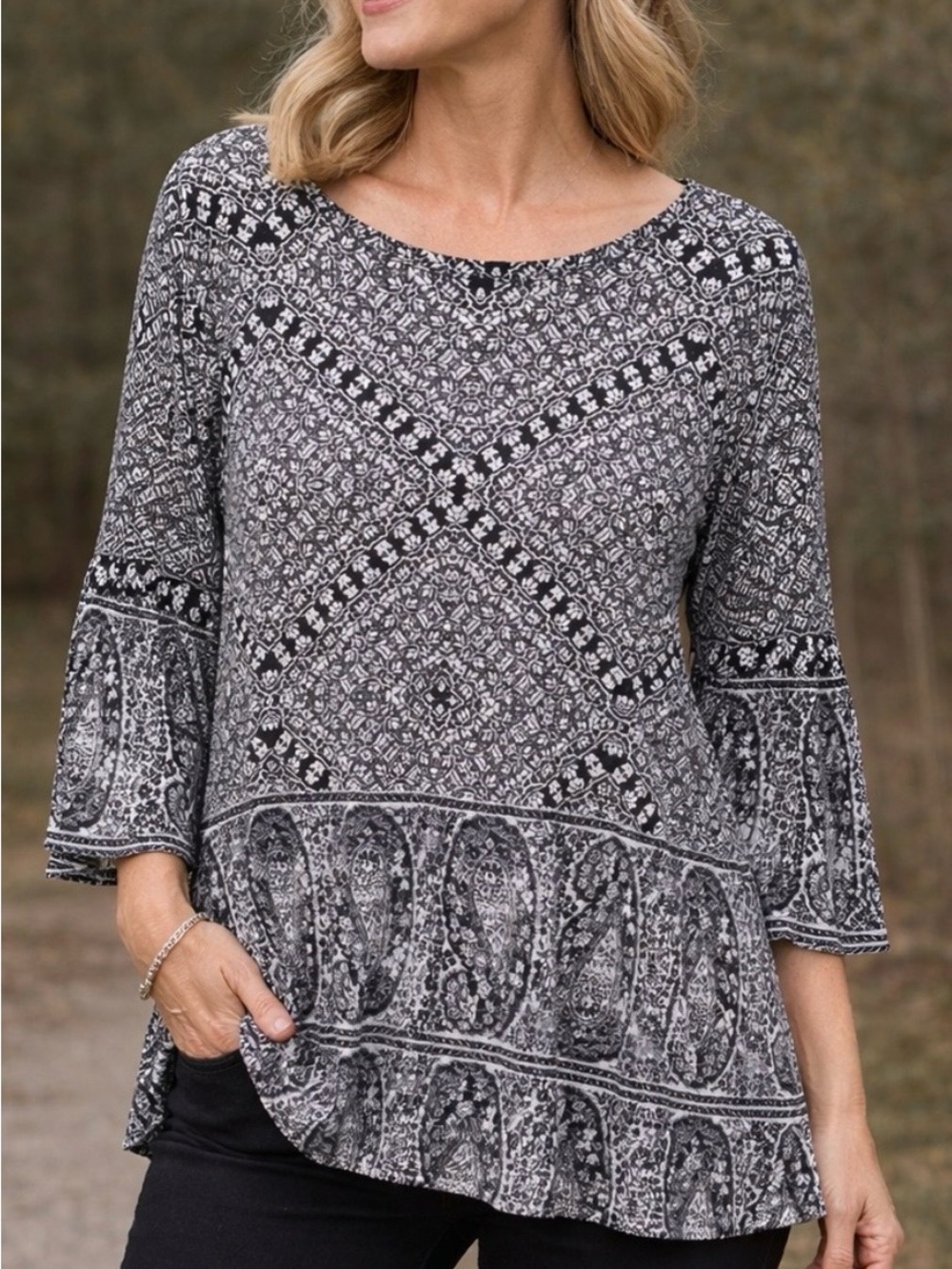Lucky Brand Blouse in a Navy and White Pattern with Paisley Hem